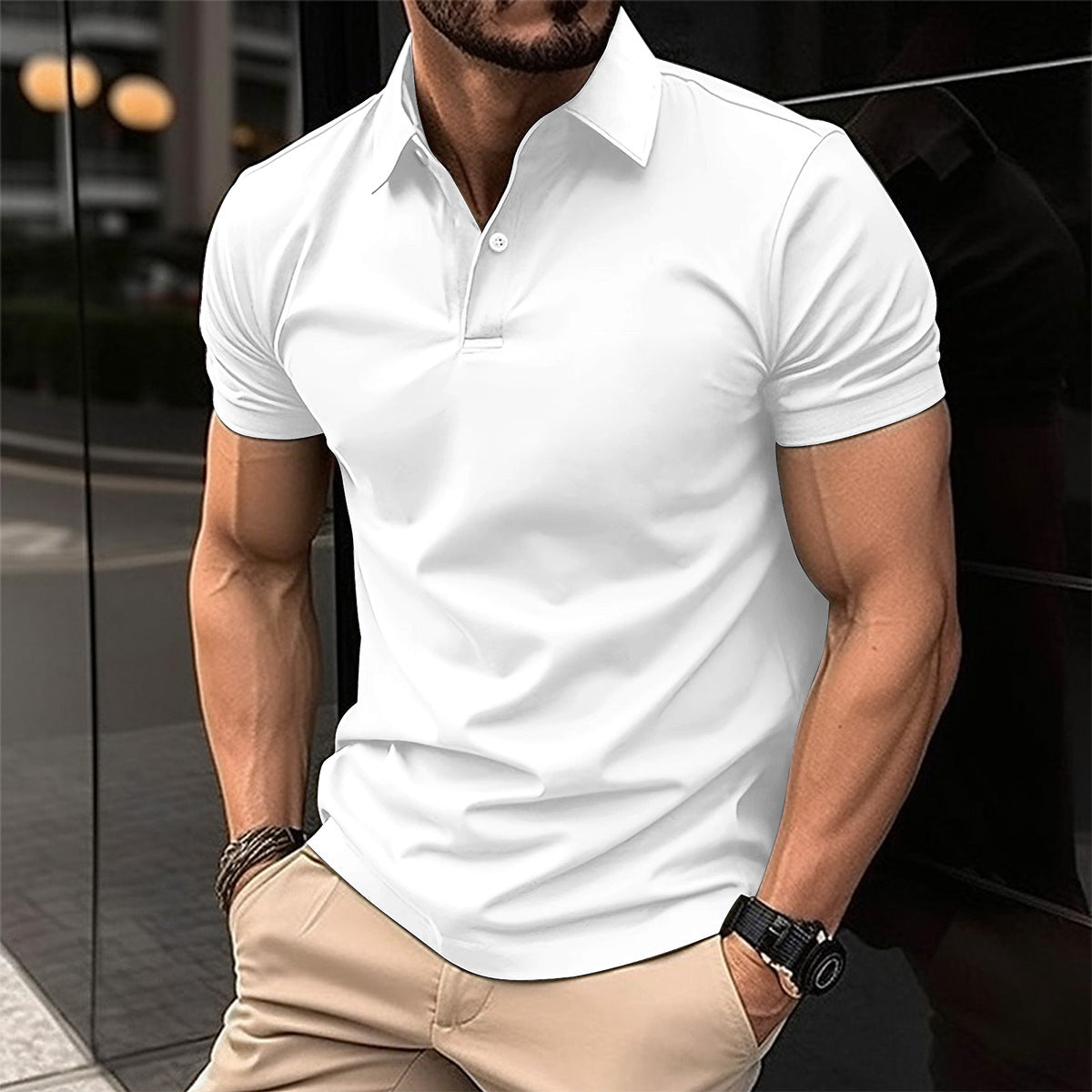 Men’s Short Sleeve Polo Shirt | Solid Color Button Lapel Top