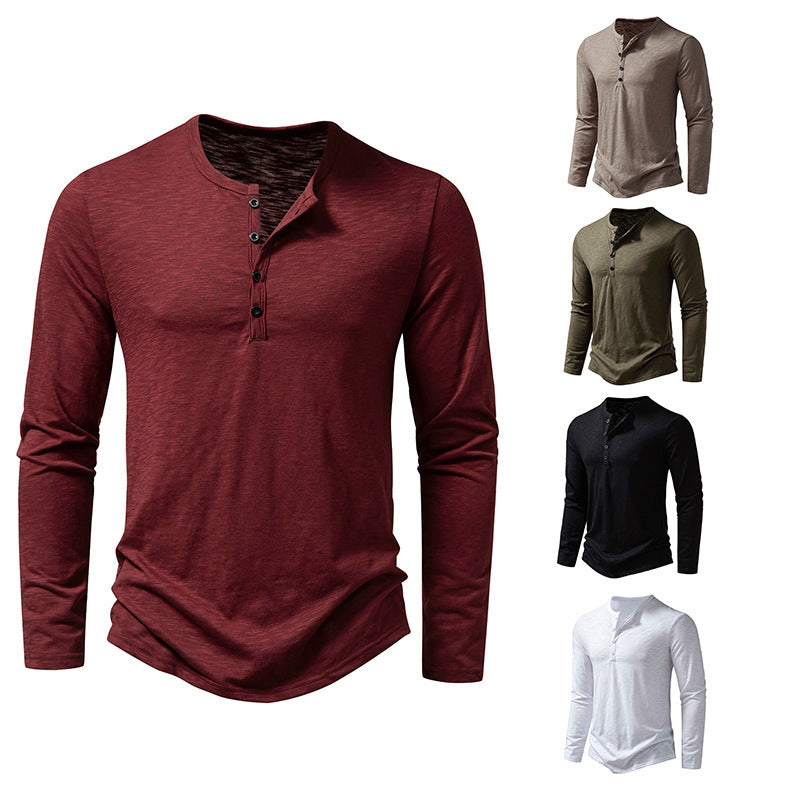 Men’s Long-Sleeved Casual T-Shirt | Solid Color Button Pullover Top