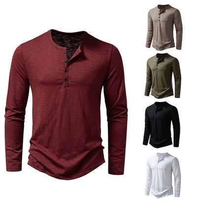 Men’s Long-Sleeved Casual T-Shirt | Solid Color Button Pullover Top