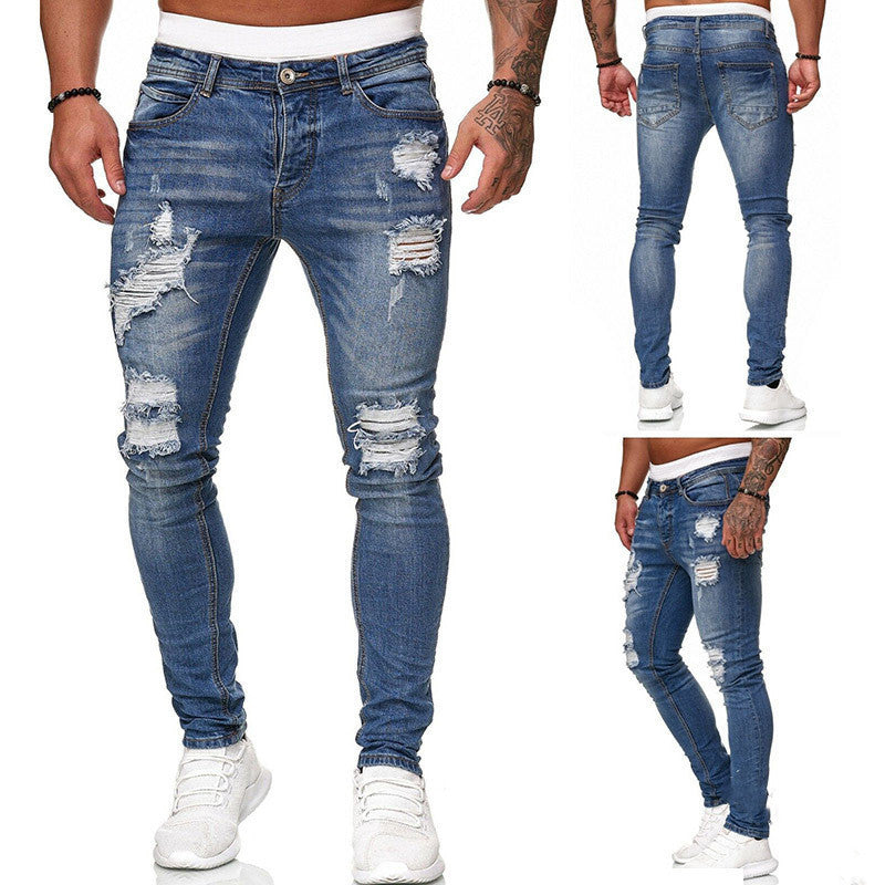 Men’s Ripped Skinny Jeans | Vintage Wash Slim Fit Denim Pants