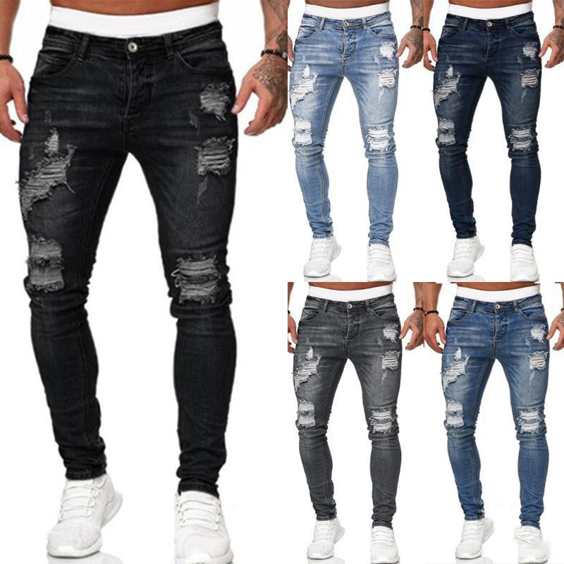 Men’s Ripped Skinny Jeans | Vintage Wash Slim Fit Denim Pants