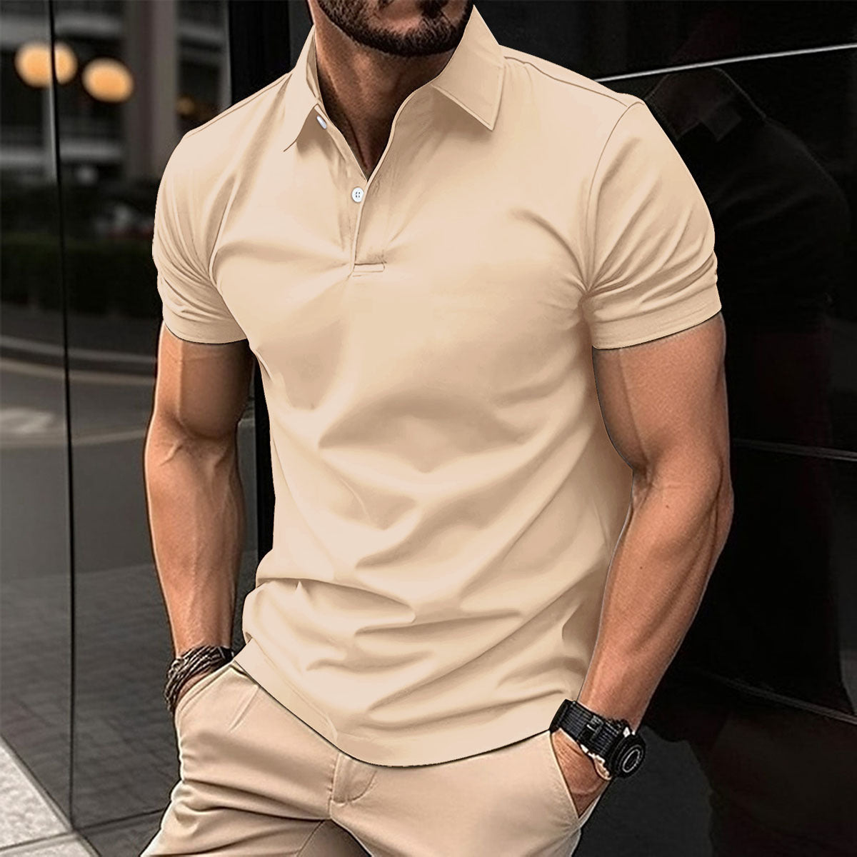 Men’s Short Sleeve Polo Shirt | Solid Color Button Lapel Top