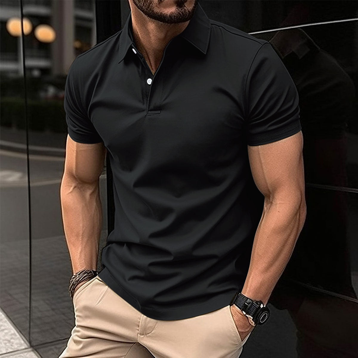 Men’s Short Sleeve Polo Shirt | Solid Color Button Lapel Top