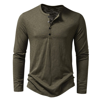 Men’s Long-Sleeved Casual T-Shirt | Solid Color Button Pullover Top