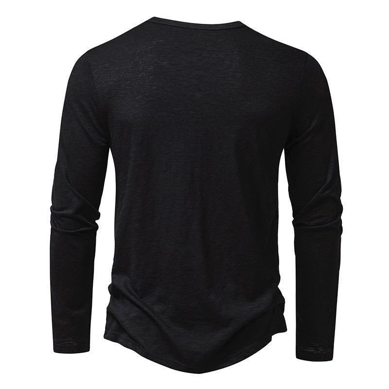 Men’s Long-Sleeved Casual T-Shirt | Solid Color Button Pullover Top