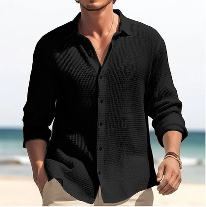 Men's Lapel Long Sleeve Shirt Fashion Solid Single Breasted Tops Fall Spring Clothing