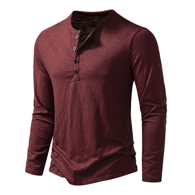 Men’s Long-Sleeved Casual T-Shirt | Solid Color Button Pullover Top