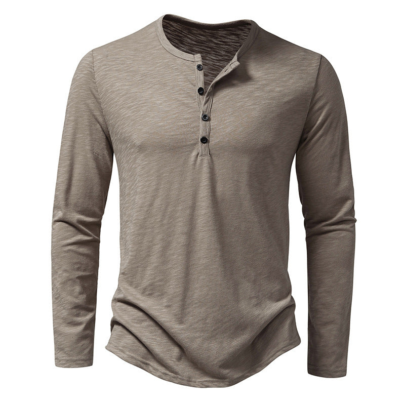 Men’s Long-Sleeved Casual T-Shirt | Solid Color Button Pullover Top