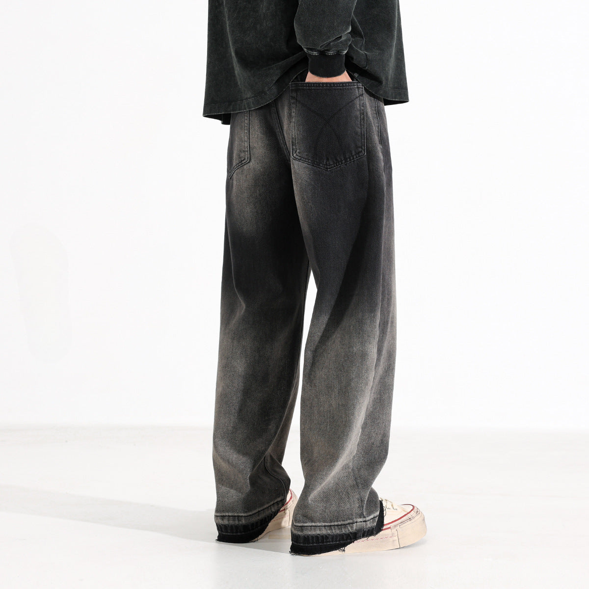 American-style Heavy Washed Black And Gray Straight Jeans Men's Loose Wide Leg Casual Trousers