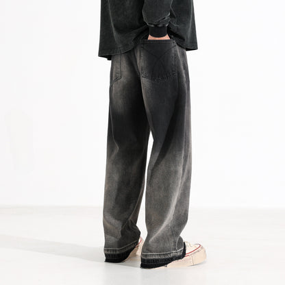 American-style Heavy Washed Black And Gray Straight Jeans Men's Loose Wide Leg Casual Trousers