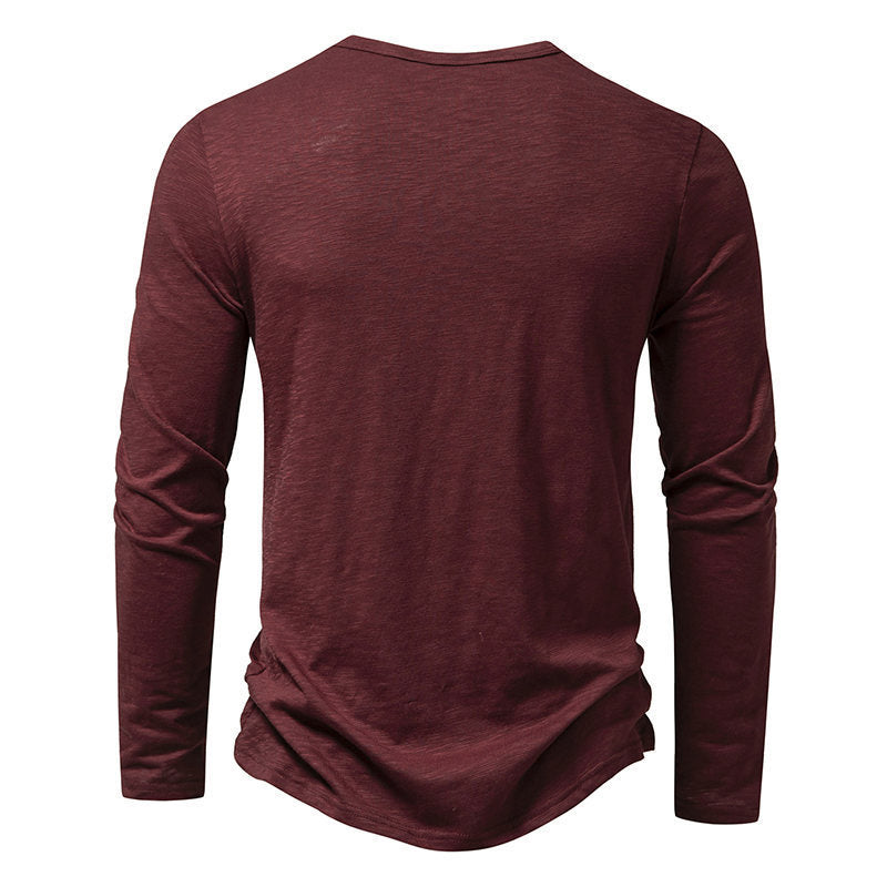 Men’s Long-Sleeved Casual T-Shirt | Solid Color Button Pullover Top