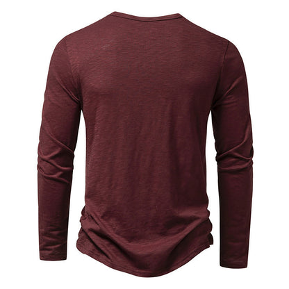 Men’s Long-Sleeved Casual T-Shirt | Solid Color Button Pullover Top