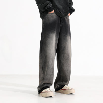 American-style Heavy Washed Black And Gray Straight Jeans Men's Loose Wide Leg Casual Trousers