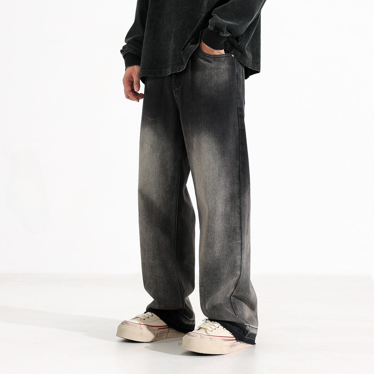 American-style Heavy Washed Black And Gray Straight Jeans Men's Loose Wide Leg Casual Trousers