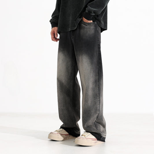 American-style Heavy Washed Black And Gray Straight Jeans Men's Loose Wide Leg Casual Trousers