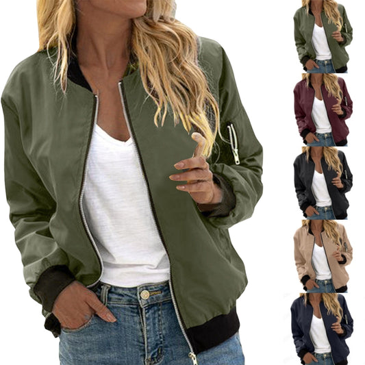 Women’s Bomber Jacket – Solid Color Vintage Baseball Style Outerwear