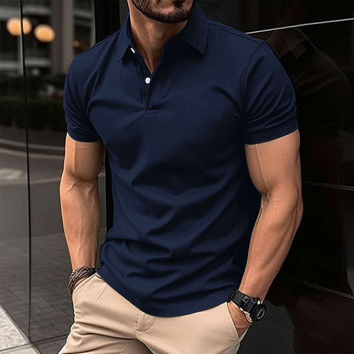 Men’s Short Sleeve Polo Shirt | Solid Color Button Lapel Top