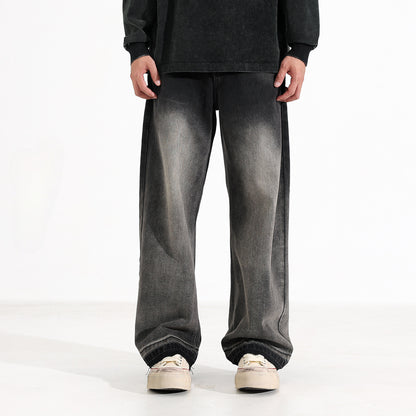 American-style Heavy Washed Black And Gray Straight Jeans Men's Loose Wide Leg Casual Trousers