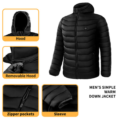 Heated Puffer Jacket Electric Heating Coat Insulated Hood Windbreaker 9Heat Zones