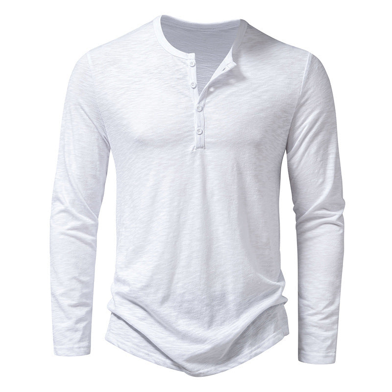 Men’s Long-Sleeved Casual T-Shirt | Solid Color Button Pullover Top