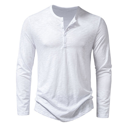 Men’s Long-Sleeved Casual T-Shirt | Solid Color Button Pullover Top
