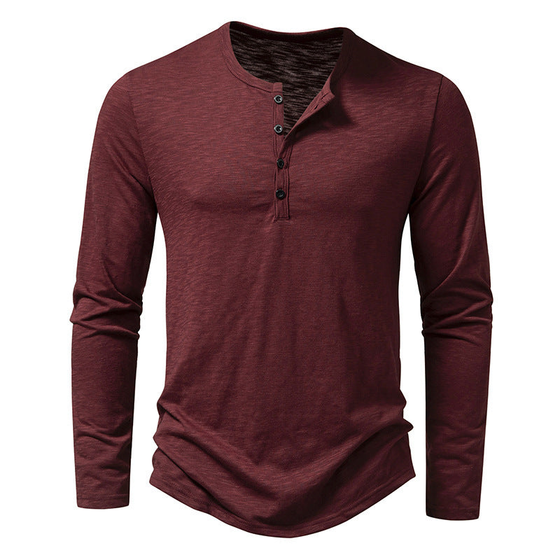 Men’s Long-Sleeved Casual T-Shirt | Solid Color Button Pullover Top
