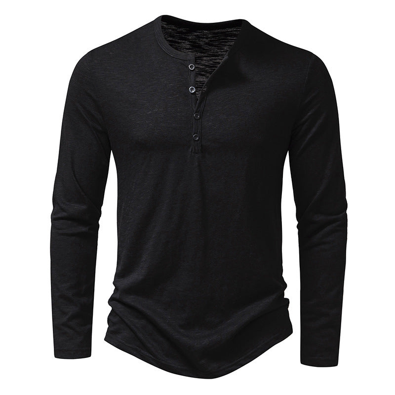 Men’s Long-Sleeved Casual T-Shirt | Solid Color Button Pullover Top