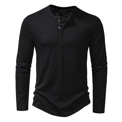 Men’s Long-Sleeved Casual T-Shirt | Solid Color Button Pullover Top